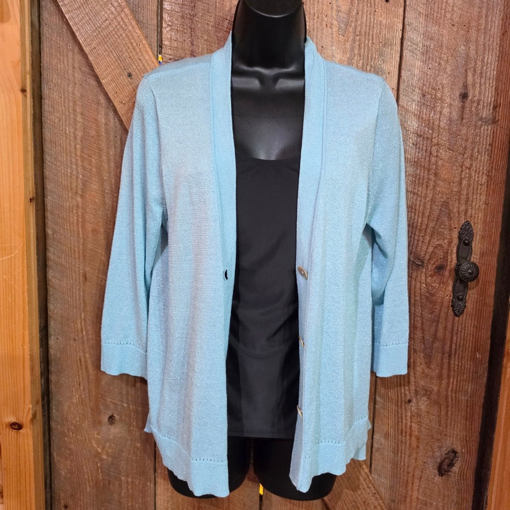 Chico's Sky Blue Shimmer Lightweight Cardigan Sweater V-Neck Button Up Size 1